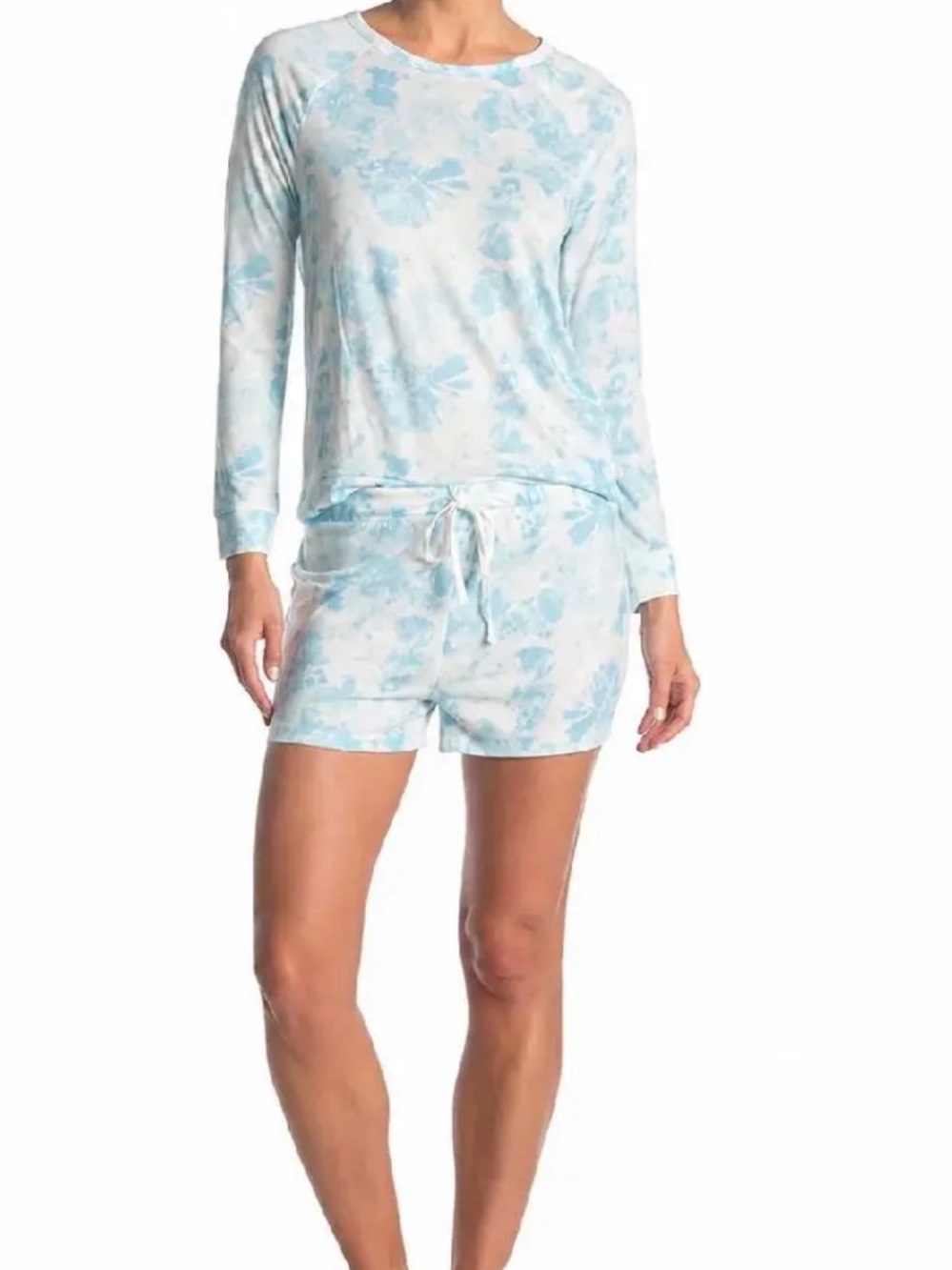 Women's Light Blue Tie-Dye Long Sleeve Pajama Top & Shorts Set
